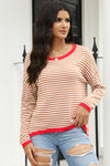 Fiery Red Contrast Trimmed Striped Drop Shoulder Sweater