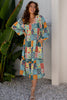 Sky Blue Mix Floral Checkered Pattern Bubble Sleeve Ruffle Hem Dress