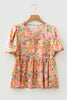Orange Split V Neck Short Sleeve Flower Blouse