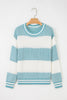 Light Blue Two Tone Striped Patchwork Drop Shoulder Loose Sweater
