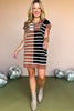 Black Stripe Color Block Quarter Zip Collar Short Sleeve Sweater Dress