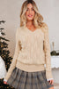 Smoke Gray Pearl Beaded Pointelle Knit V Neck Lace Patchwork Sleeve Sweater