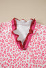 Pink Stripe Ruffled Trim V Neck Leopard Print Short Sleeve Blouse