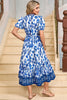 Blue Floral Puff Short Sleeve V Neck High Waist Maxi Dress
