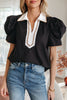 Black Ricrac Trim Color Block Patchwork Shirt Collar Short Sleeve Blouse