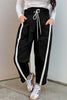 Black Contrast Striped Smocked Waist Drawstring Cropped Casual Pants