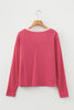 Racing Red Ribbed Texture Contrasted Lace Trim Button V Neck Long Sleeve Top
