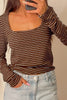 Brown Stripe Square Neck Long Sleeve Top
