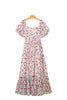 Pink Floral Puff Sleeve Square Neck Empire Waist Tiered Maxi Dress