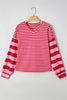 Strawberry Pink Mix Striped Drop Shoulder Patchwork Sleeve V Neck Pullover