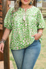 Green Plus Size Floral Tassel Tie Split Neck Puff Sleeve Blouse