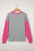 Black Stripe Textured Knit Twisted Rib Contrast Patchwork V Neck Long Sleeve Top