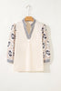 Grass Green Floral Puff Sleeve Contrast V Neck Patchwork Blouse
