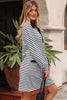 White Stripe Buttoned Front Collared Long Sleeve T Shirt Dress with Pockets