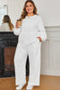 White Textured Raw Seam Plus Size Pullover Top and Drawstring Pants Set
