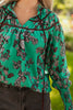 Green Leaves Print Contrast Trim V Neck Shirred Puff Sleeve Blouse