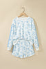 Sky Blue Floral Print Striped Detail Long Sleeve Top Ruffle Hem Shorts 2pcs Set