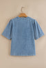 Myosotis Pintuck Pleats Puff Sleeve Split V Neck Summer Denim Top