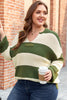 Green Stripe Colorblock Notched Neck Plus Size Sweater