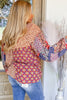 Orange Floral Geometric Patchwork Lace-up Crewneck Plus Size Blouse