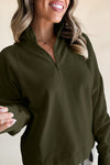 Smoke Gray Zipped Neck Pullover Drop Shoulder Sweatshirt