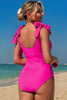 Rose Red Square Neck Knotted Shoulder Open Back One Piece Swimsuit