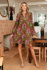 Brown Contrast Floral Print Babydoll Tunic Ruffled Hem Puff Sleeve Dress