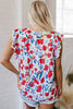Red Flowers Pintuck Detail V-Neck Ruffled Sleeve Top