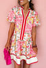 Pink Color Block Floral Print Contrast Trim V Neck Ruffle Hem Mini Dress