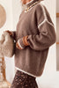 Coffee Contrast Trim Mock Neck Drop Shoulder Relaxed Sweater