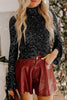 Black Sequin Mock Neck Drape Open Back Bell Sleeve Top