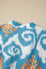 Sky Blue Boho Floral Print Short Puff Sleeve Button Down Ruffle Hem Midi Dress