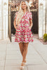 Red Floral Puff Sleeve Tiered Ric Rac Pocketed Mini Dress