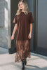 Red Sandalwood Floral Patchwork Short Sleeve T Shirt Loose Maxi Dress