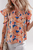 Orange Summer Flower Print Notched Neck Ruffle Sleeve Blouse