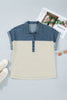 Light Grey Half Buttons Collared Denim Patchwork Plus Short Sleeve Top