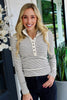 Black Stripe Ribbed Knit Half Button Long Sleeve Slim Top