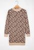 Khaki Leopard Print High Neck Shift Mini Sweater Dress