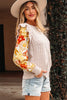Parchment Cable Knit Ruffle Detail Contrast Floral Sleeve Patchwork Sweater