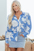 Sky Blue Floral Print Button Up Pleated Detail Puff Sleeve Shirt