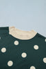 Green Polka Dot Print Color Block Trim Baggy Pullover Drawstring Skirt 2pcs Set