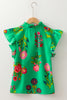 Green Floral Print Flutter Sleeve Frilly Neck Blouse
