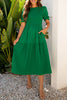 Dark Green Solid Textured Smocked Puff Short Sleeve High Waist Long Dress