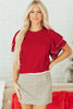 Racing Red Pearl Embellished Double Ruffle Short Sleeve Sweater