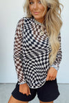 Rose Checkered Pattern Mesh Mock Neck Long Sleeve Top