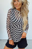 Rose Checkered Pattern Mesh Mock Neck Long Sleeve Top