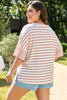 Pink Stripe Waffle Knit Pocketed Half Sleeve Plus Size T Shirt