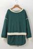 Evergreen Color Contrast Loose Pullover and Lace-up Waist Skirt Set