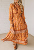 Orange Floral Print Smocked Waist Long Sleeve Boho Maxi Dress