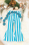 TURQUOISE STRIPE PRINTED BOOTCUT DENIM PANTS